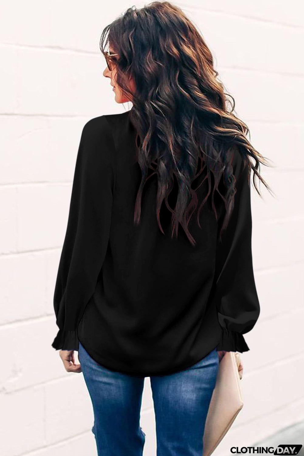 Frilled Mock Neck Balloon Sleeve Blouse