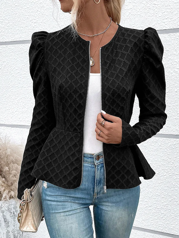 Women's Slim Fit Black Blazer Crew Neck Zip-Up Ruffle Hem Cute Suit