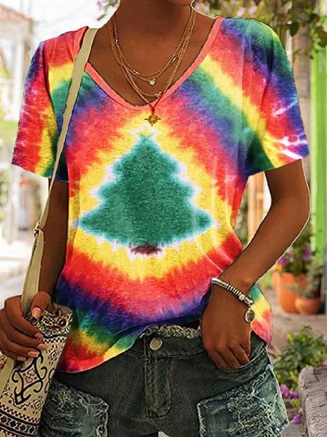 womens-christmas-tree-tie-dye-print-v-neck-t-shirt