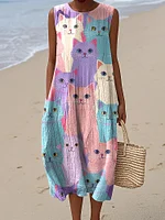 Women's Colorful Cat Art Sleeveless Dress