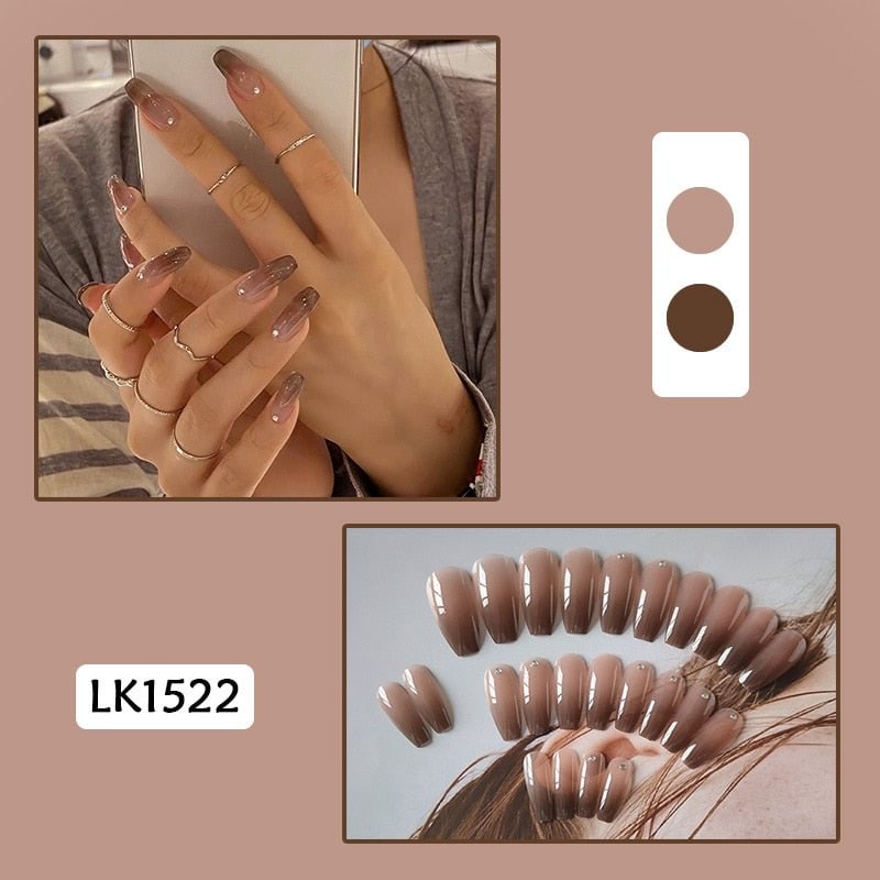 24pcs Fake Nails With Small Diamond Glue Type Long Paragraph Gradient Color Fashion Manicure Patch False Nails Press On Coffin D