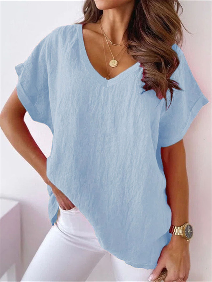 Women's Summer New Bat Short-sleeved V-neck Solid Color Cotton T-shirt Casual Tops