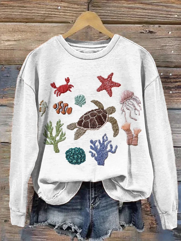 Comstylish Marine Life Embroidery Pattern Cozy Knit Sweater