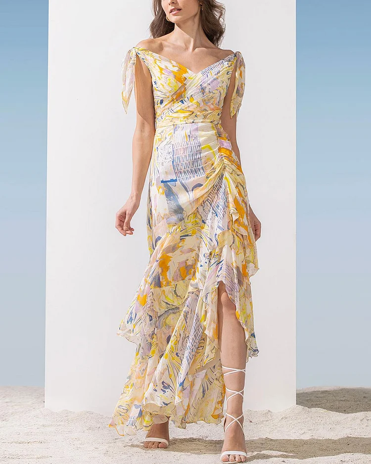 Yellow Chiffon Abstract Print Layered Bottom Gown