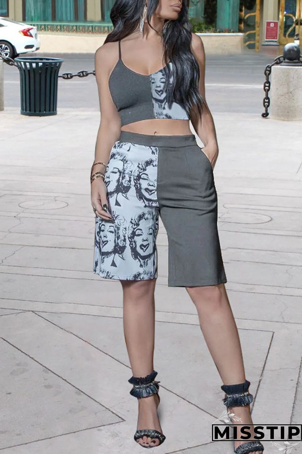 Black Casual Street Print Patchwork Spaghetti Strap Sleeveless Two Pieces