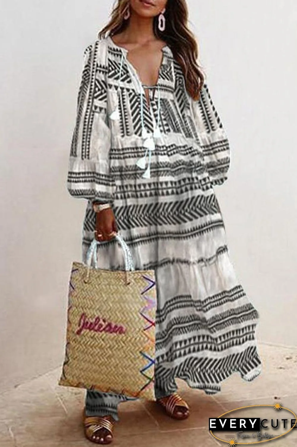 Lantern-sleeve Multicolor Embroidered Loose Lace Dress P13063