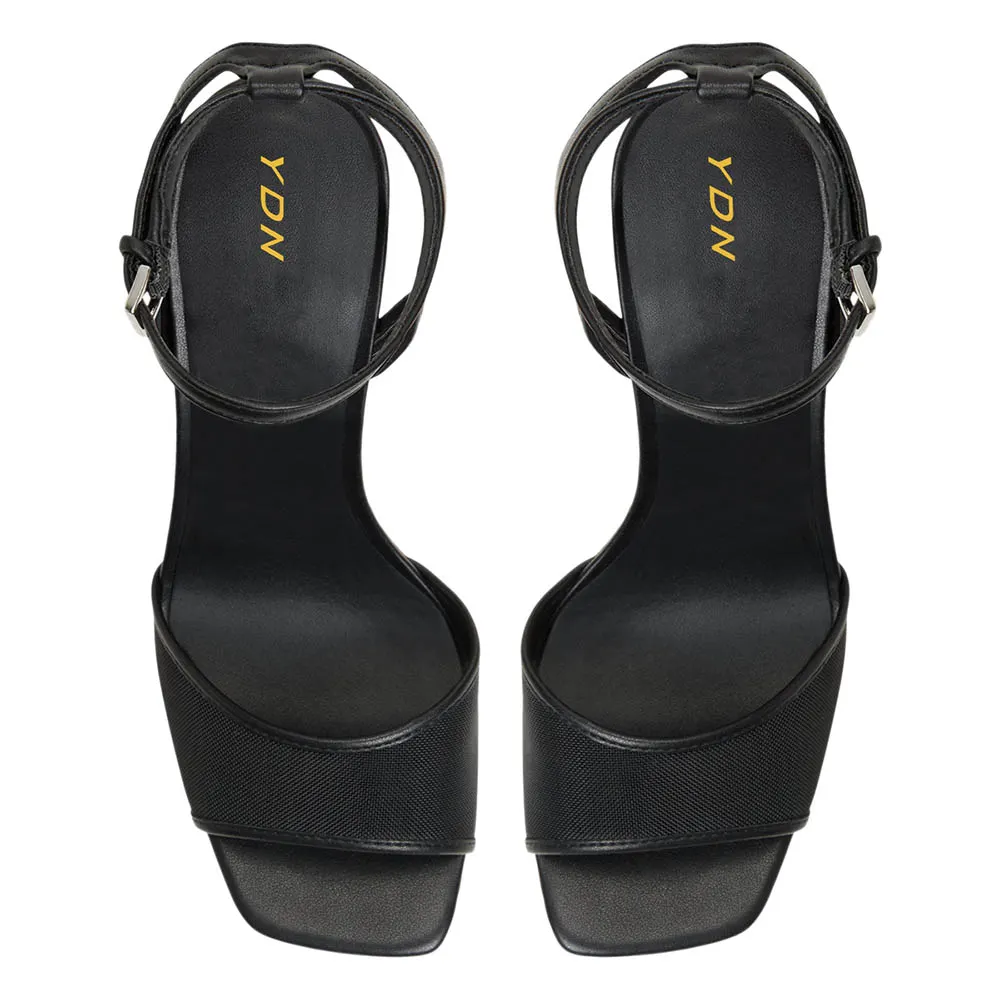 Open Square Toe Platform Black Heels Sandals with Ankle Strap