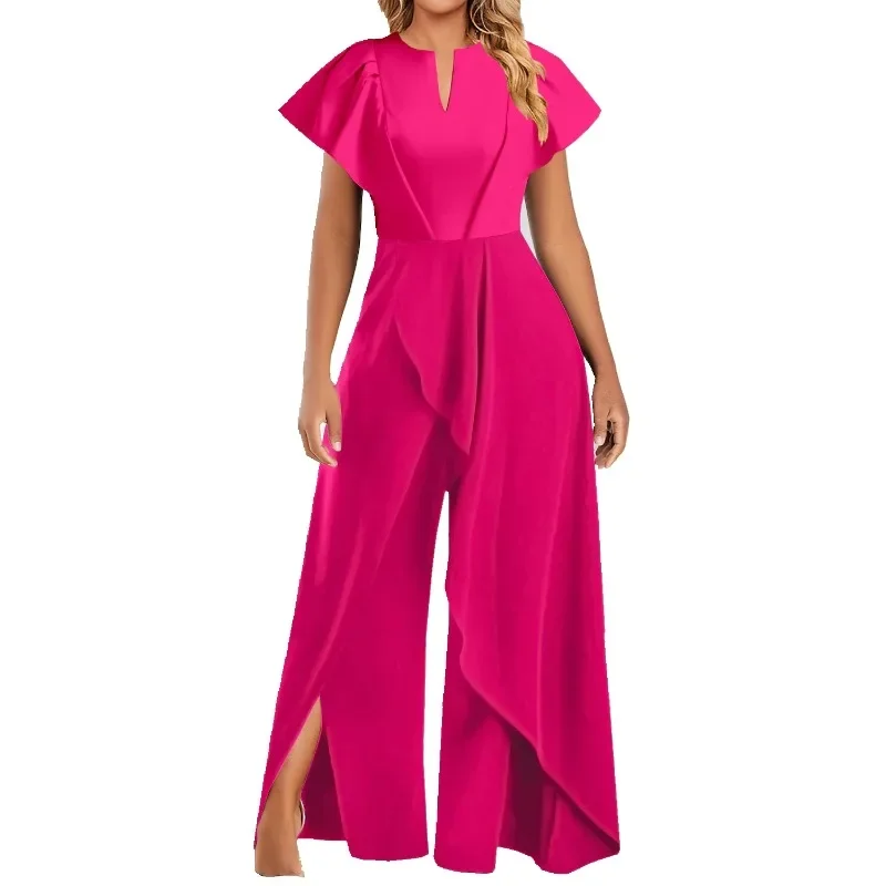 Nigikala Women's Fashion Elegant Jumpsuit Wide Leg Pants Solid Color V-neck Short Sleeved Irregular Wide Leg Pants Jumpsuit
