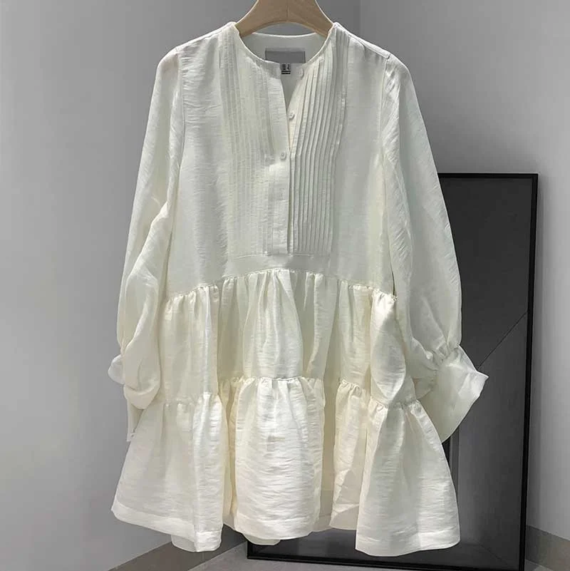 BOHO INSPIRED LINEN TUXEDO SHIRT DRESS women long Balloon sleeves dress autumn winter party dress tiered pleating boho dress