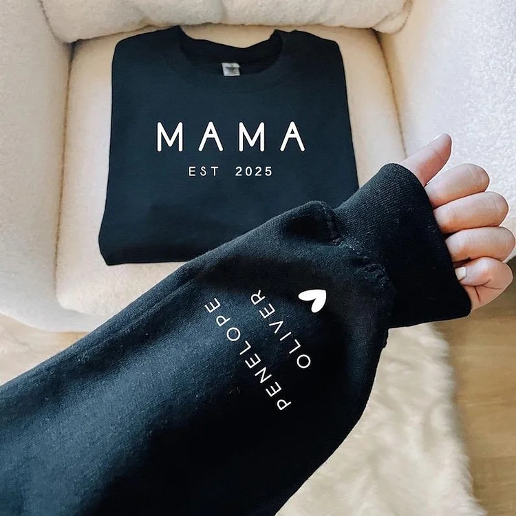 Women's MAMA Thin Print Sweatshirt - Custom Kids Name On Sleeve, Custom Birth Year