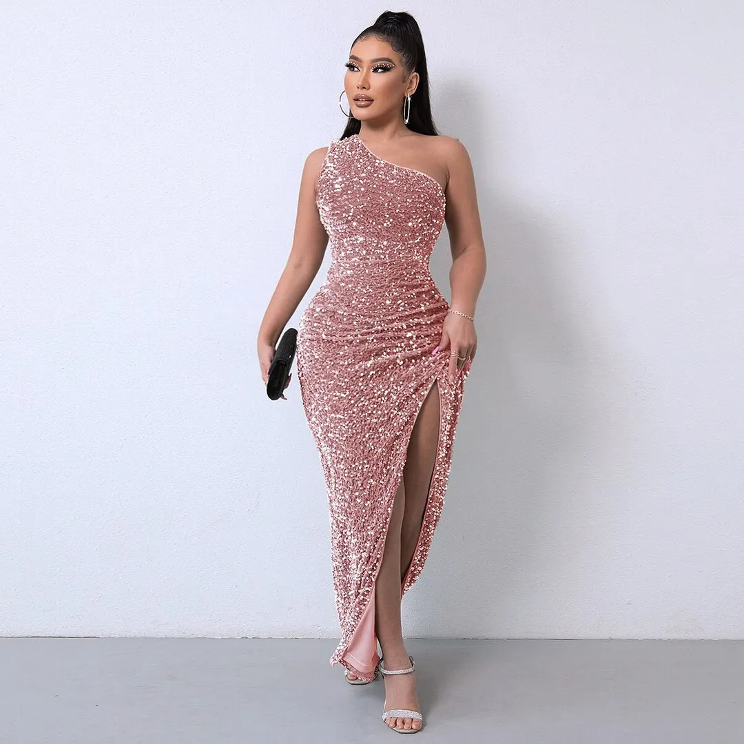 Uveng One Shoulder Wrap Split Thigh Sequin Formal Dress