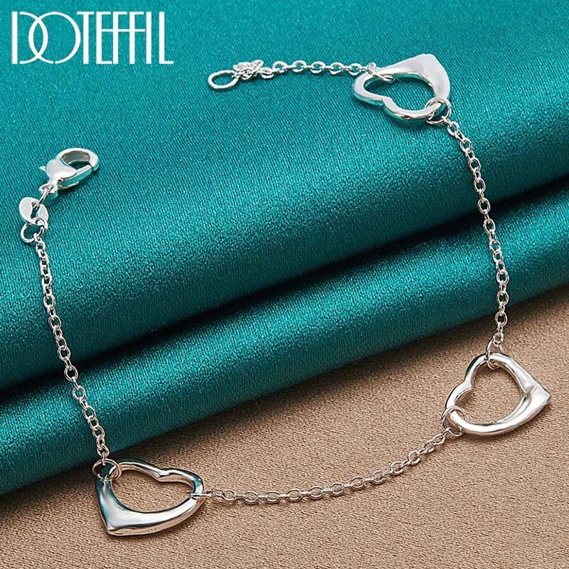925 Sterling Silver Three Hearts Chain Bracelet For Women Jewelry