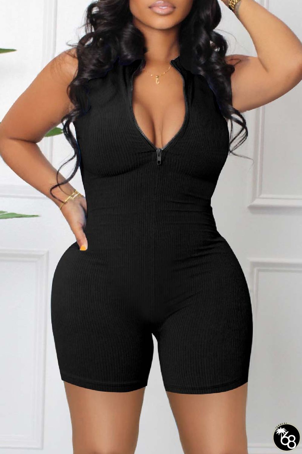 Black Casual Sportswear Solid Basic Zipper Collar Skinny Romper | 168DEAL