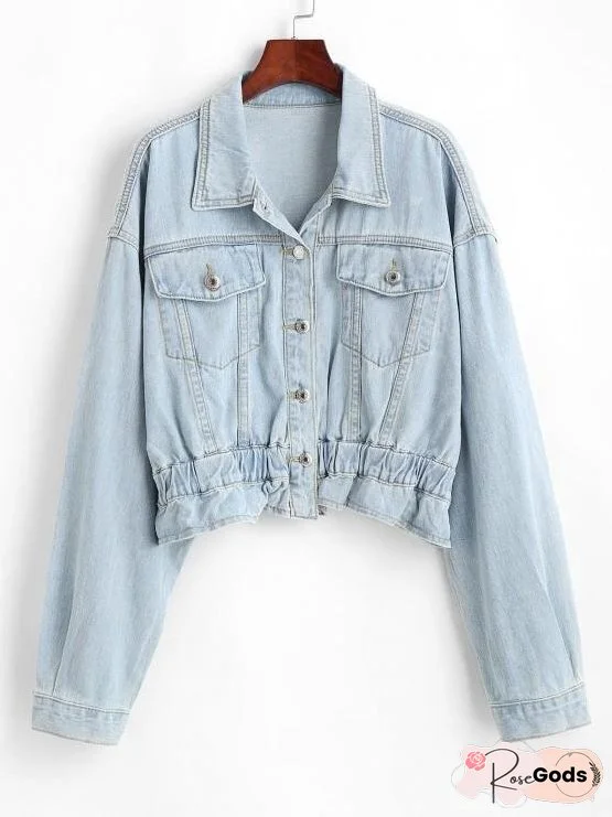 Drop Shoulder Pocket Peplum Denim Jacket for Women