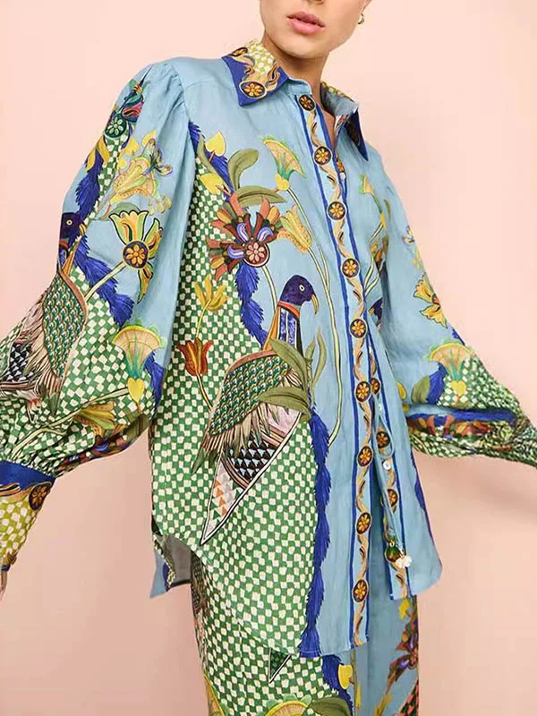 Flower Printed Lapel Collar Long Sleeves Blouses Shirt Tops