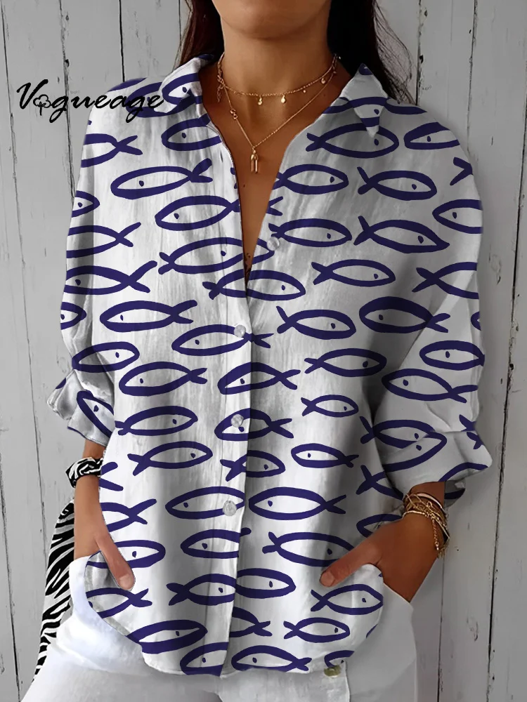 Fashion And Versatile Simple Strokes Of Fish Printed Cotton And Linen Shirt