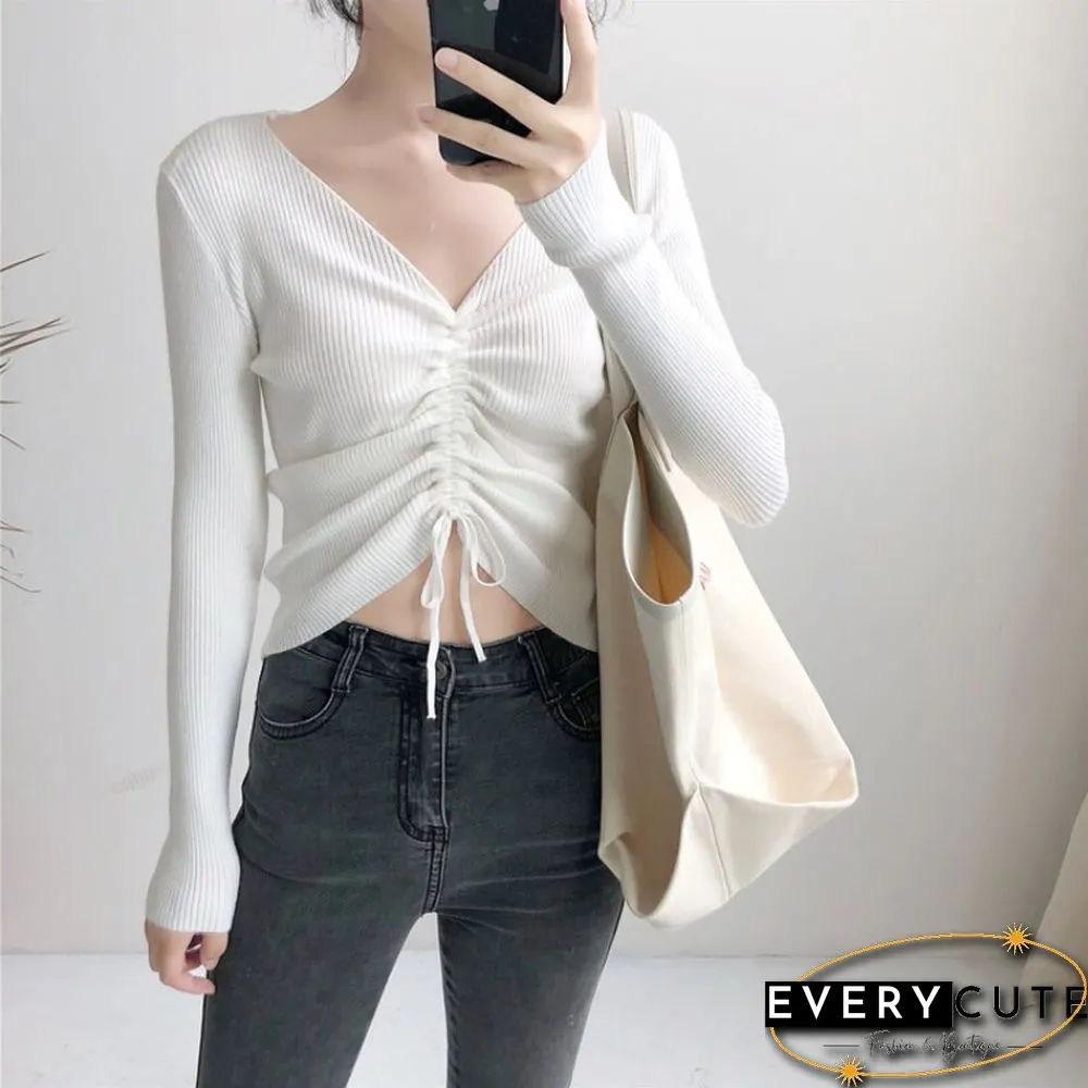 Sexy Neck Lace Crop Sweaters Women Solid Long Sleeve Knitted Pullover Womens Korean Style