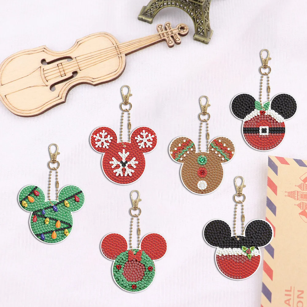 6pcs DIY Xmas Mickey Mouse Diamond Keychains Pendant Double Sided Diamond Art Keychains