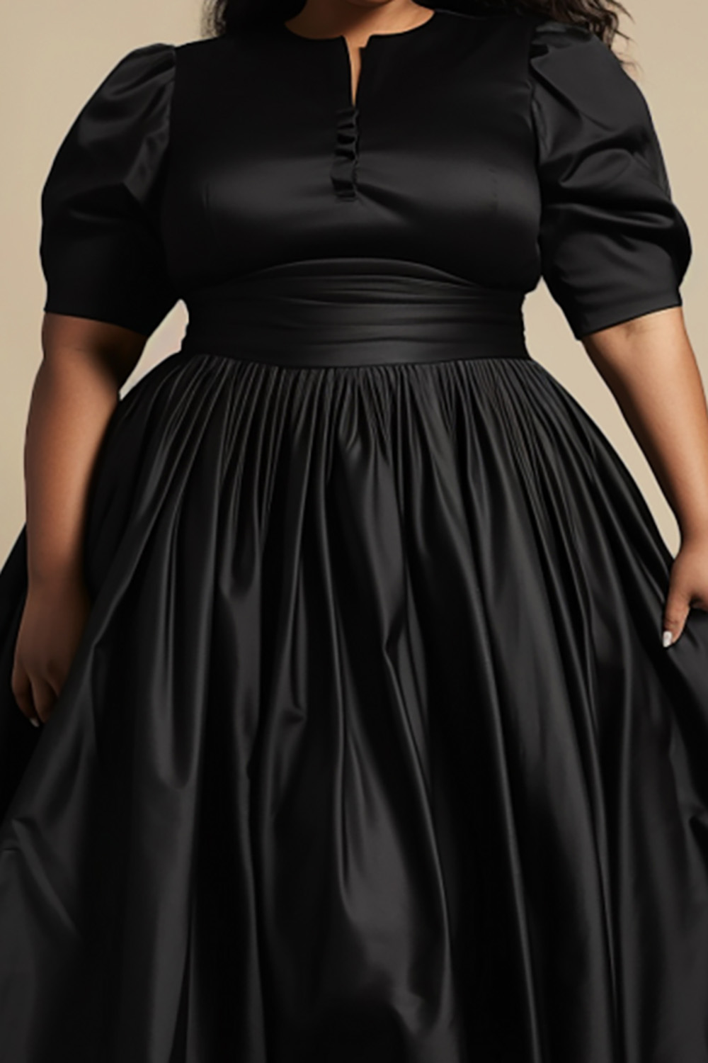 Design Plus Size Semi Formal Elegant Black Round Neck Puff Sleeve Short Sleeve Button Knitted Midi Dresses [Pre-Order]