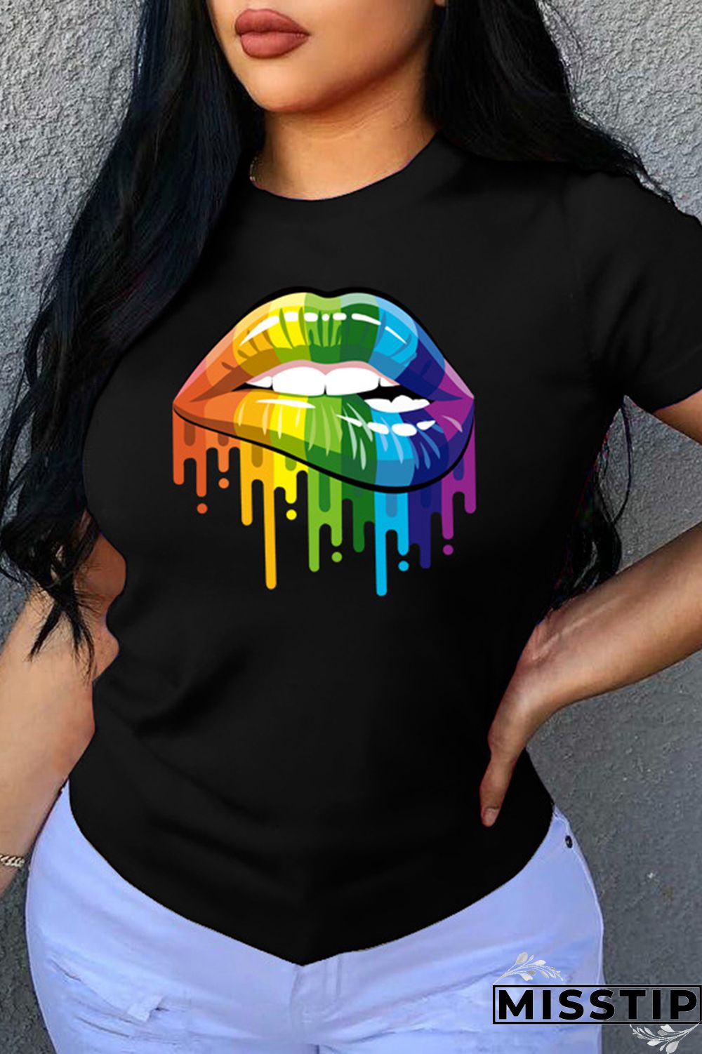 Black Fashion Casual Lips Printed Patchwork O Neck T-Shirts