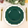 10 Pack | 11" Hunter Emerald Green Hard Plastic Dinner Plates, Disposable Tableware, Baroque Heavy Duty Plates with Gold Rim
