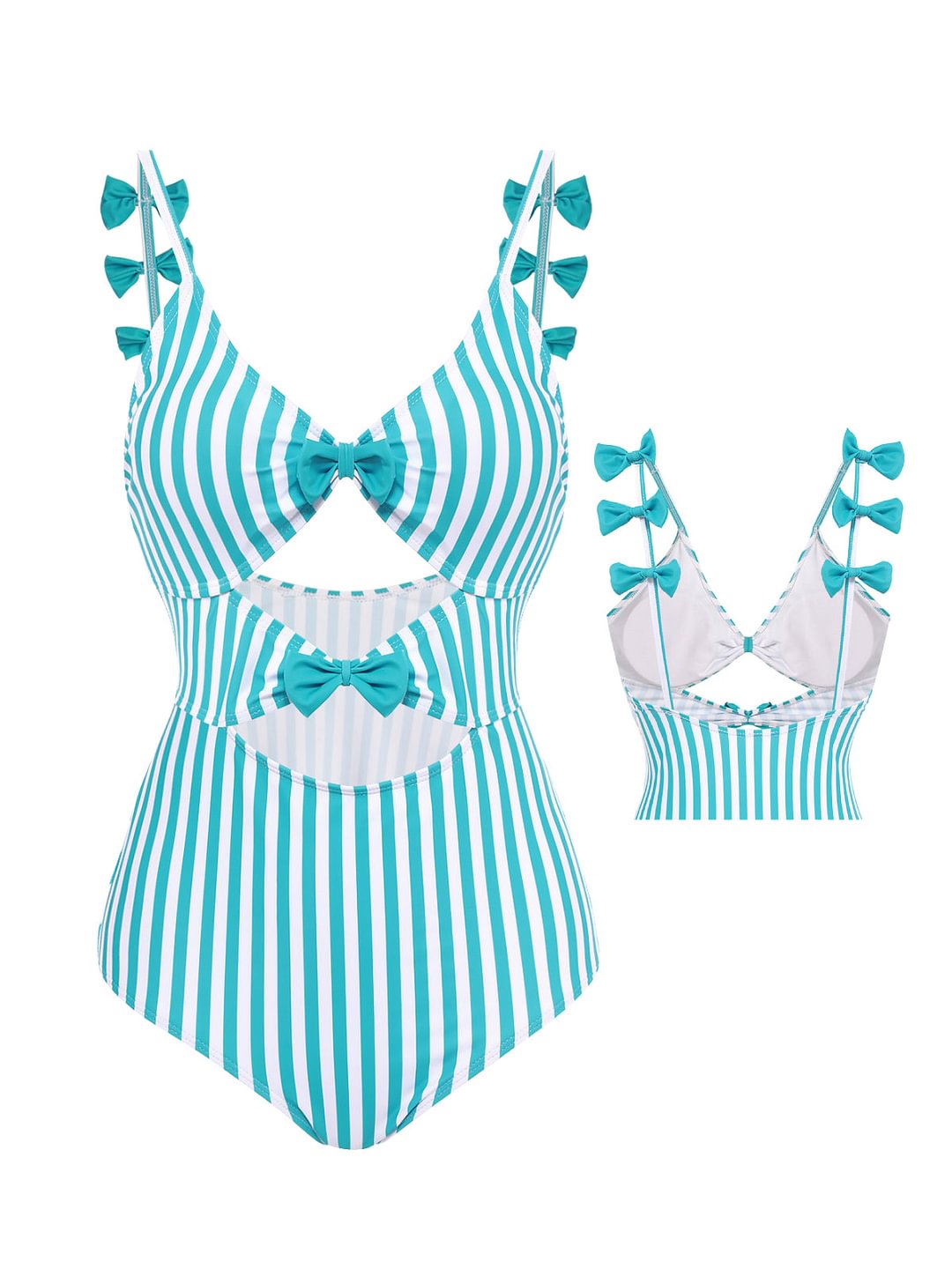 Blue Stripe Strap Bow One-Piece Swimsuit