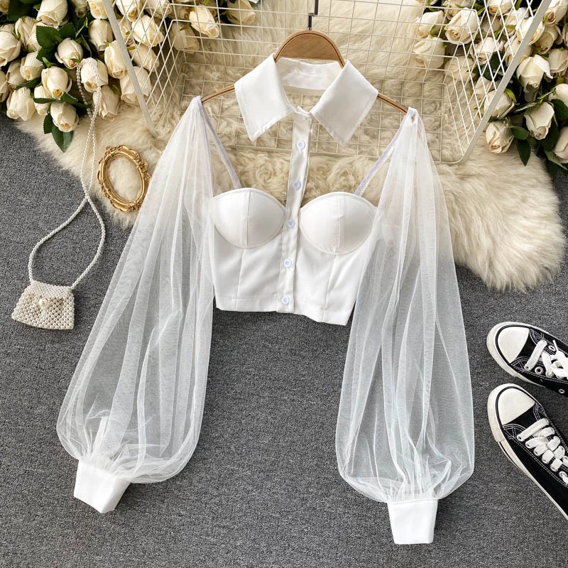 Mongw Women Mesh Sheer Blouse See-through Long Sleeve Crop Top Single-breasted Shirt Blouse Fashion Backless Sexy Shirt Female