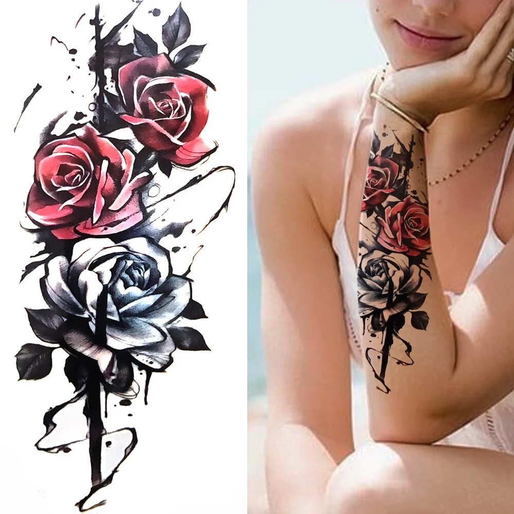 Dragon with Red Rose Tattoo Sticker Realistic Fox Snake Sword Geometric Temporary Tattoo For Women Fake Chains Black Tatoo 515-1