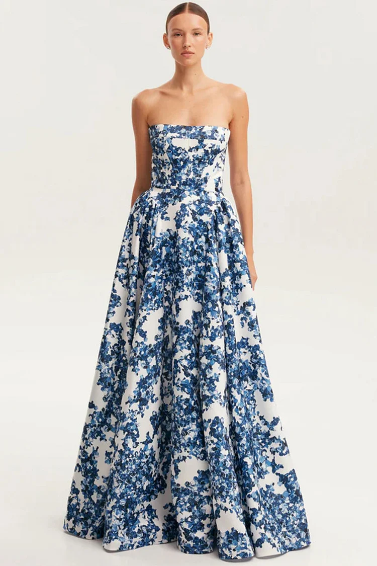 Wedding Guest Blue Floral Print Strapless Maxi Dress