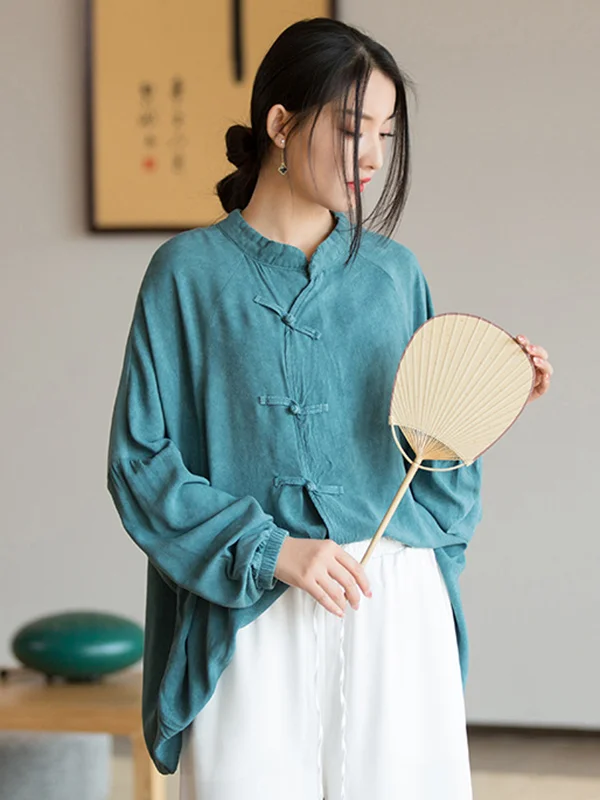 Artistic Retro Loose Long Sleeves Buttoned Solid Color Stand Collar Blouses&Shirts Tops