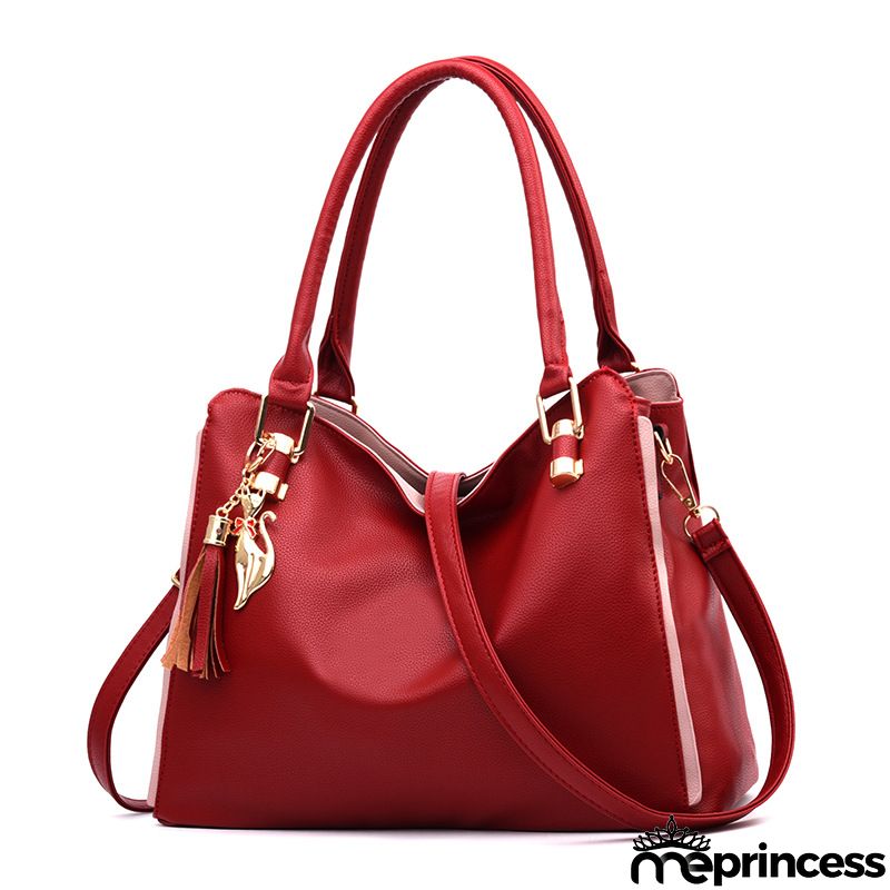 Women Vintage Design Solid Color Large Capacity Shoulder Handle Bag