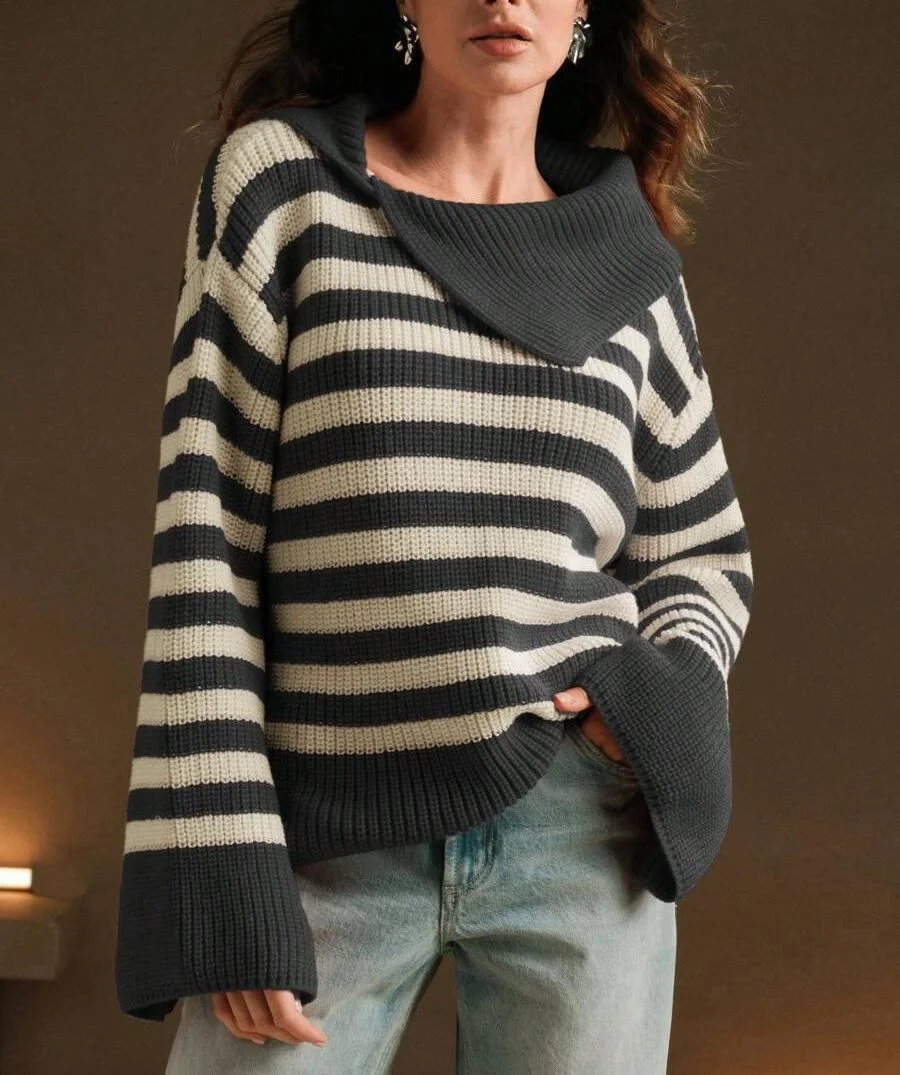 Nigikala Nigikala 2025 New Fashion Stripe Jersey Casual Loose Long-Sleeved Women's Sweater