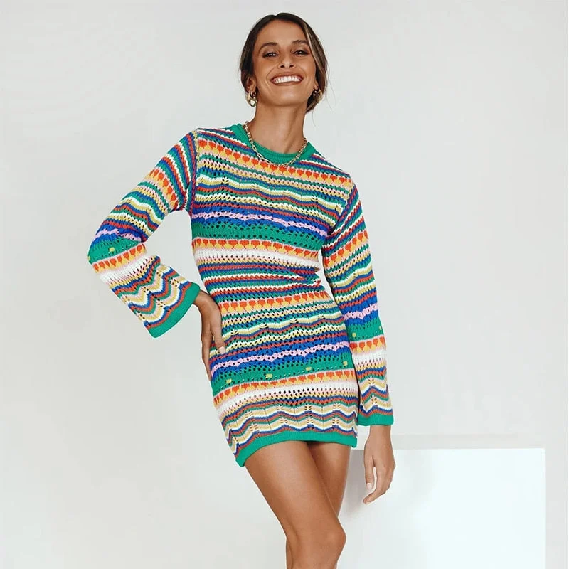 wsevypo Bohemian Color Block Striped Knit Crochet Sweaters Dress Autumn Women's Long Sleeve Crew Neck Mini Bodycon Dress