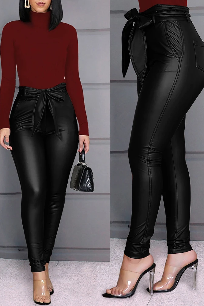 Paperbag Waist Faux Leather Pants