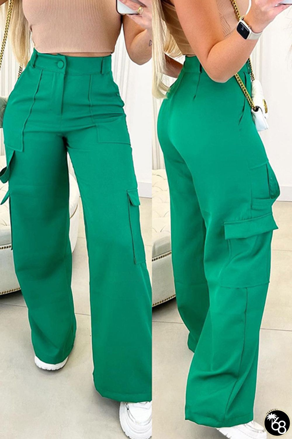 Green Casual Solid Patchwork Regular High Waist Conventional Solid Color Trousers | 168DEAL
