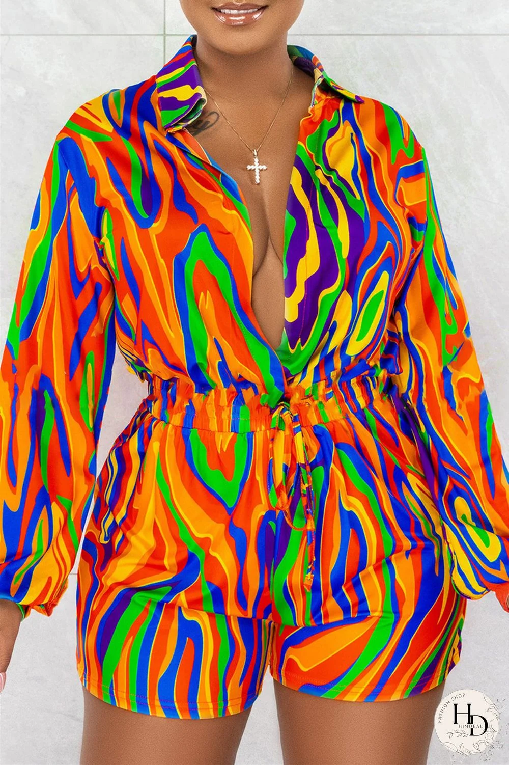 Orange Fashion Casual Print Patchwork Turndown Collar Regular Romper
