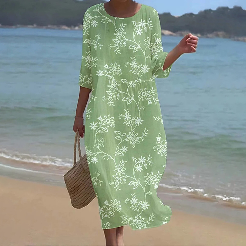 Women's Elegant Floral Art Linen Blend Loose Linen Dress wearshes