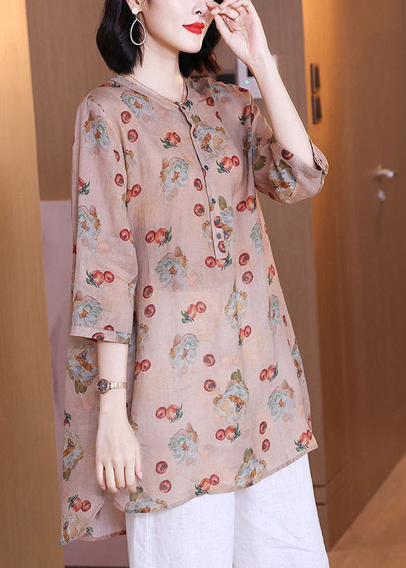 VCSHOES Brick Red O-Neck Print Button Low High Design Side Open Linen Shirt Long Sleeve
