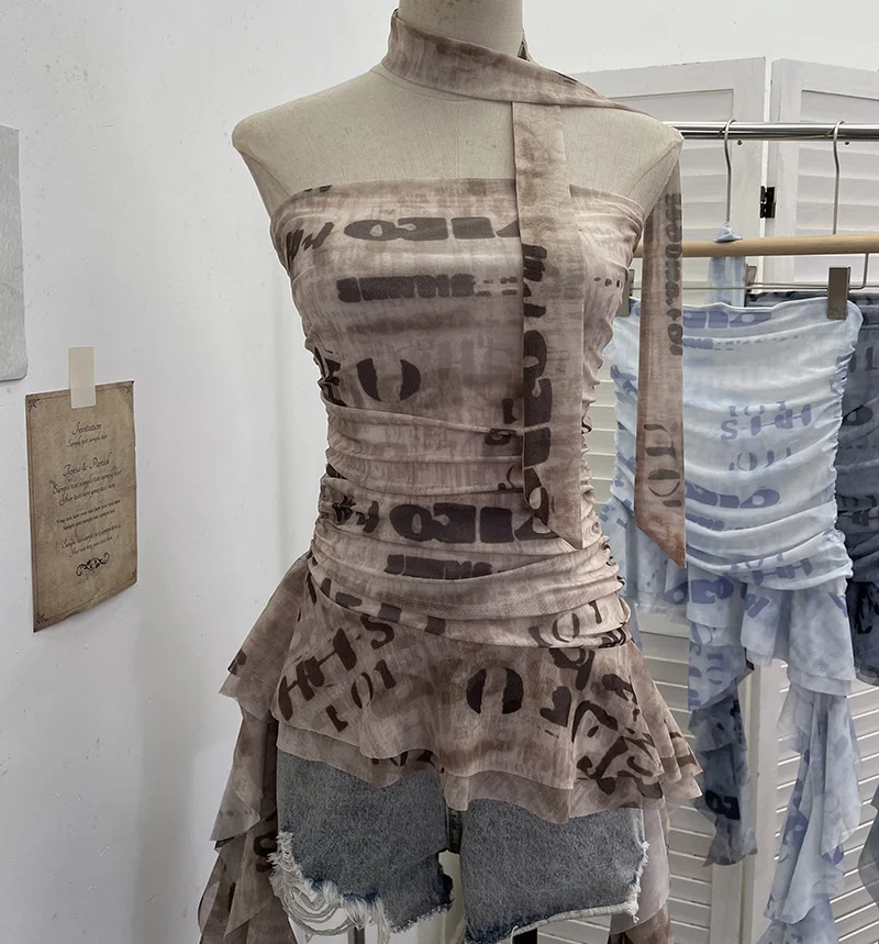 Nigikala Nigikala Shooting Spice Girls Irregular Lotus Leaf Side Ribbon With Non-Slip Strip Mesh Printing Chest Vest 8037