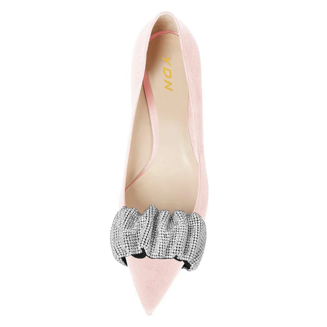 Faux Suede Pointed Toe Rhinestone Embellished Classy Pumps in Pink