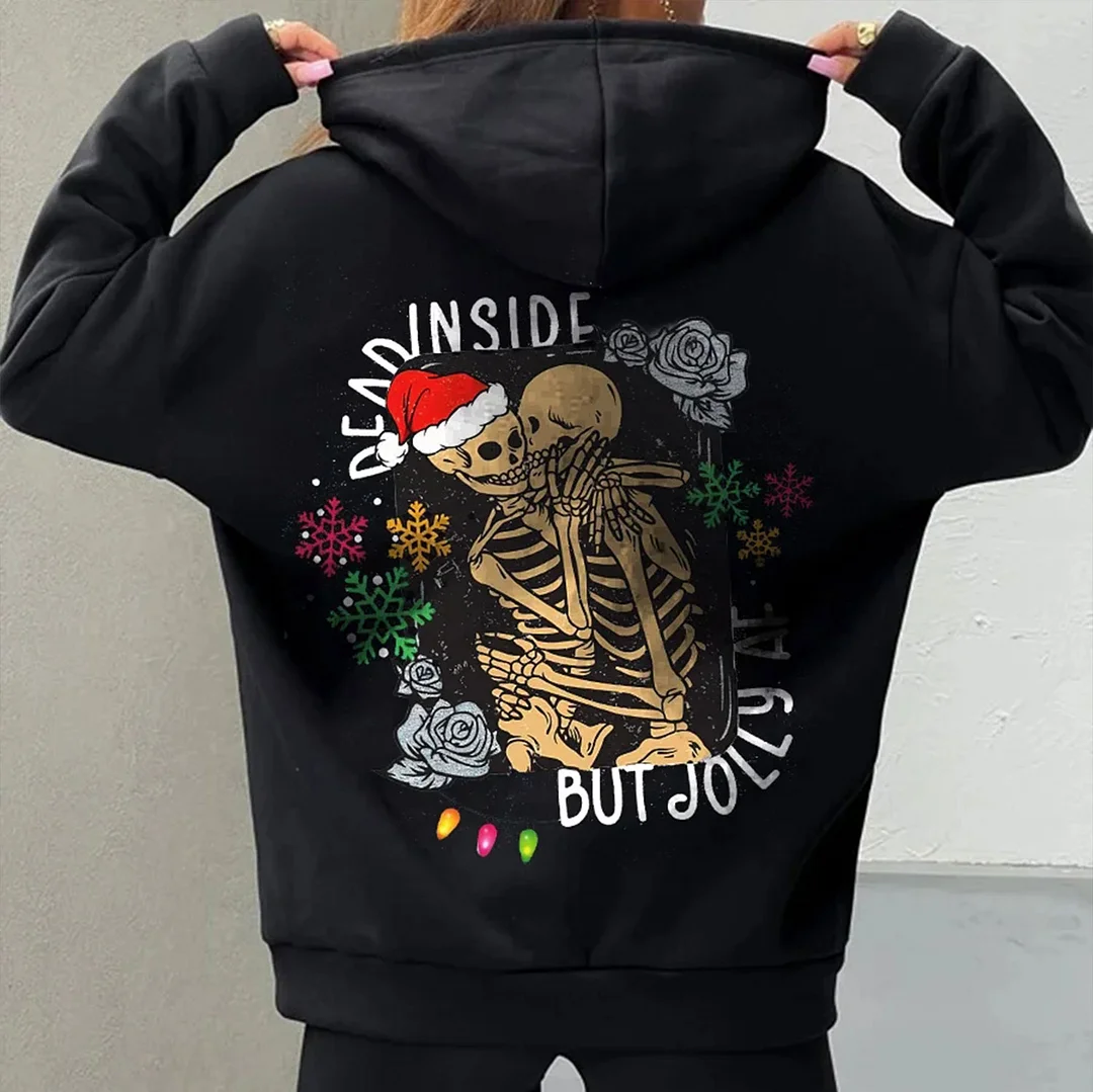 INSIDE BUT JOLLY Skulls with Hat Graphic  Black Print Hoodie