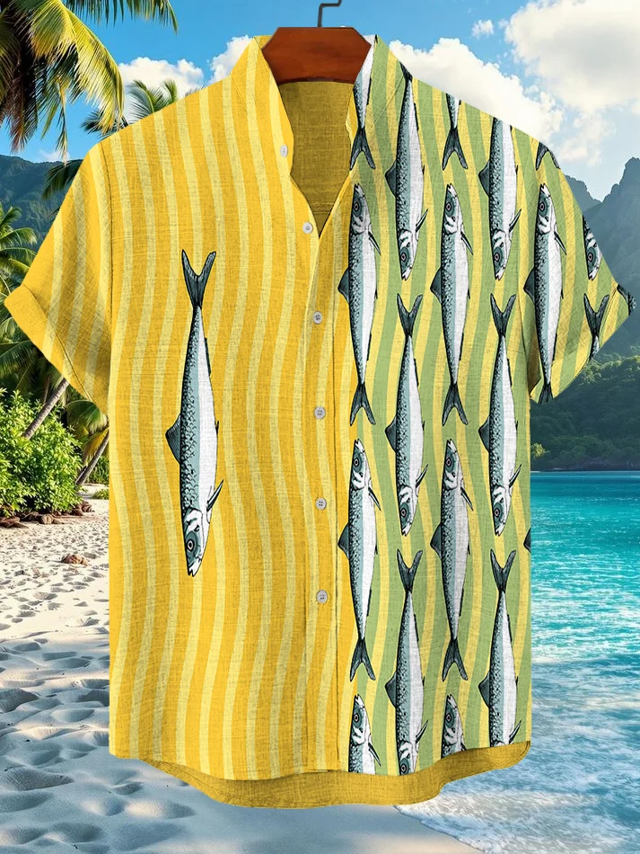 Men's Sardines Striped Print Hawaii Short Sleeve Shirt