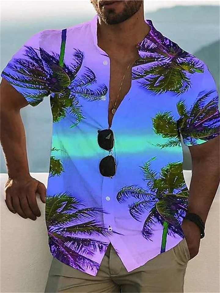 Men's Shirt Summer Hawaiian Shirt Graphic Shirt Aloha Shirt Scenery Stand Collar Light Pink Yellow Black / Purple Pink Sky Blue 3D Print Outdoor Casual Short Sleeve Button-Down Print Clothing Apparel