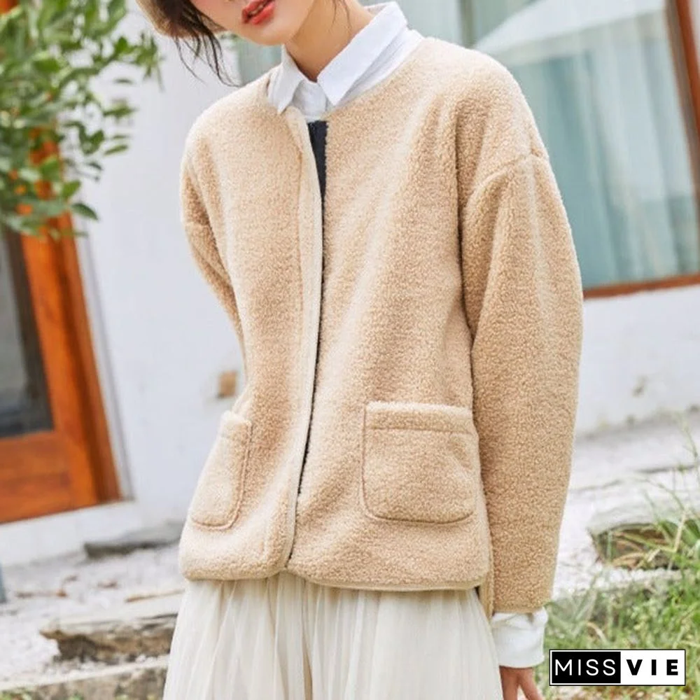 Zipper Round Neck Long Sleeve Loose Lamb Plush Coat Female