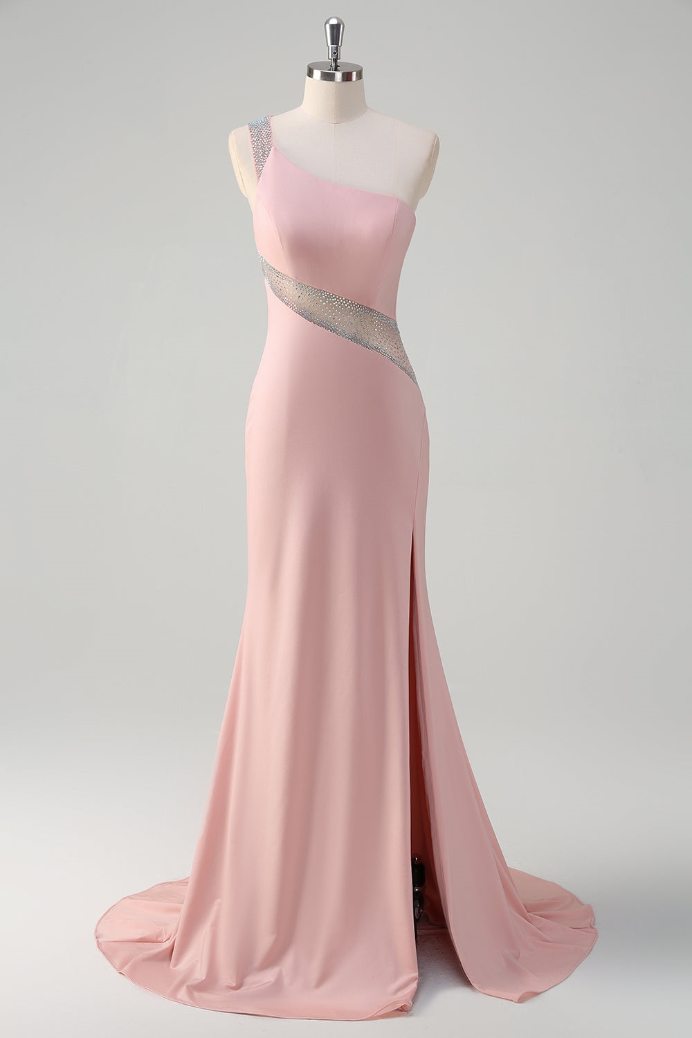 Ovlias Opulent Pink One shoulder Split Sleeveless Sheath Prom Dress LY0619