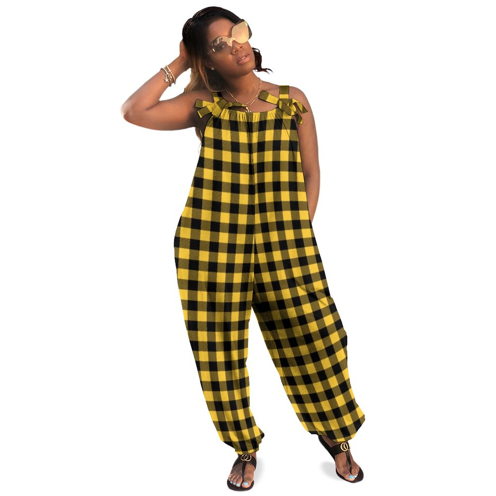 Fun Cute Black And Yellow Buffalo Plaid Yoga Women Plus Size Jumpsuit Summer Loose Harem Pants Casual Ladies Oversized Jumpsuit One Piece Athletic Polyester Spandex