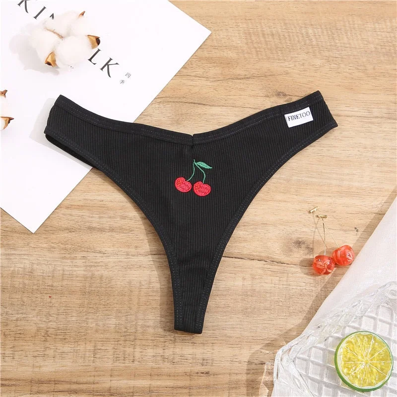 FINETOO Embroidery Sexy Panties Women G-string Cotton Feamle Underwear Low Waist Thong Girl Underpant Pantys Intimates Lingerie