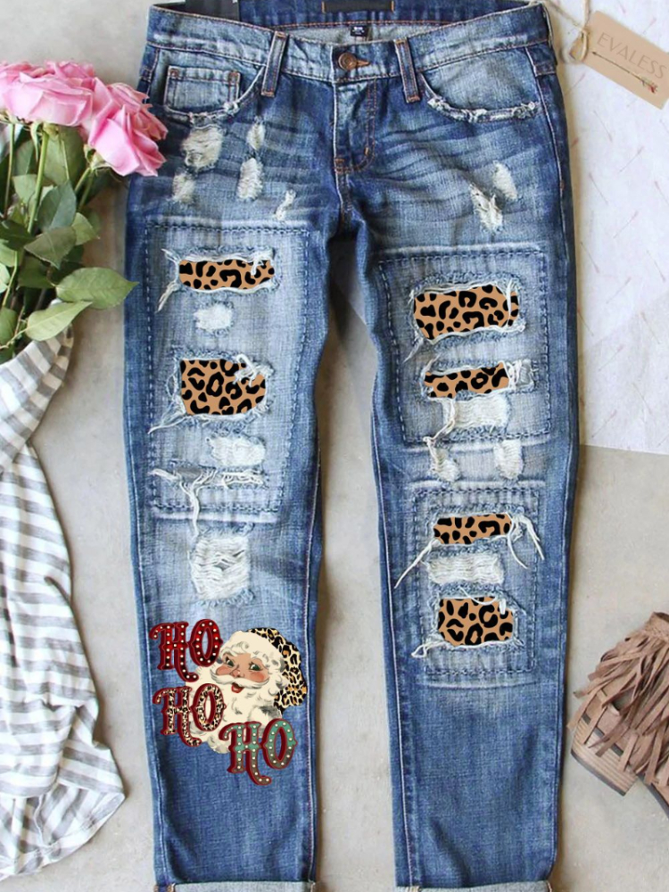 Leopard Santa Print Washed Distressed Ripped Jeans wearshes