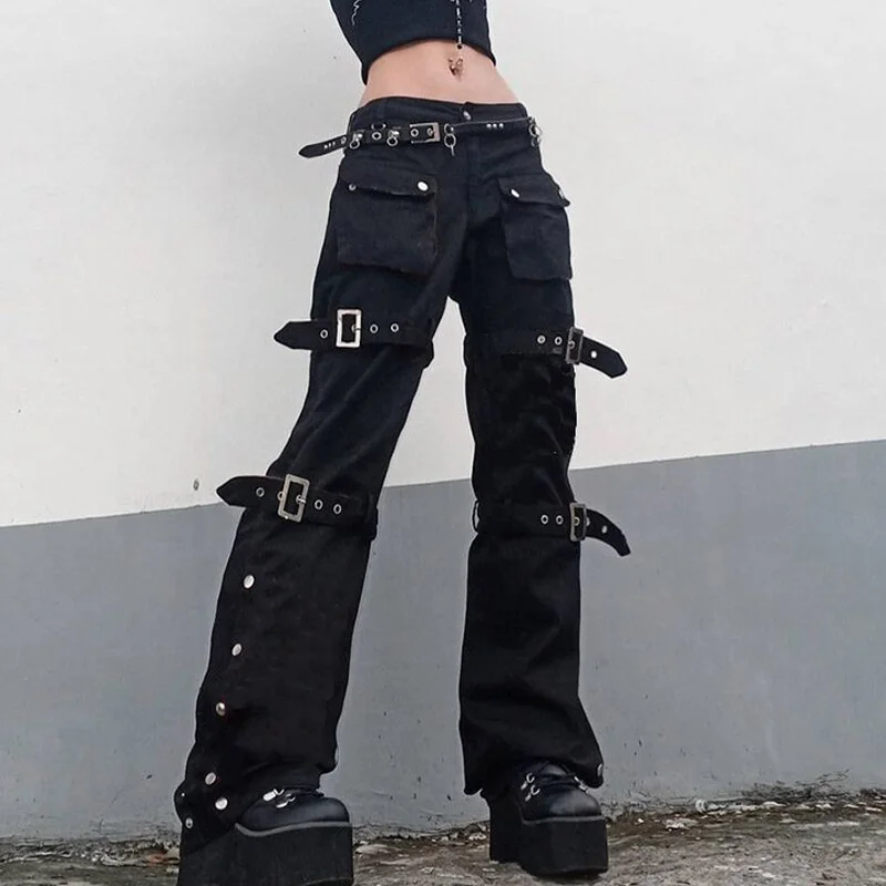 Jangj Punk Y2k Cargo Pants Chain Buckle Harajuku Hippie Jeans Gothic Mall Big Pockets Jogger Unisex Techwear Goth Cyber Trousers