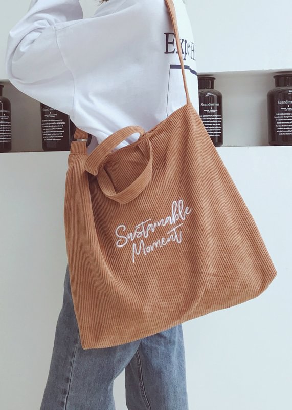 Women Retro Corduroy Zipper Tote Bag Handbag Shoulder Bag